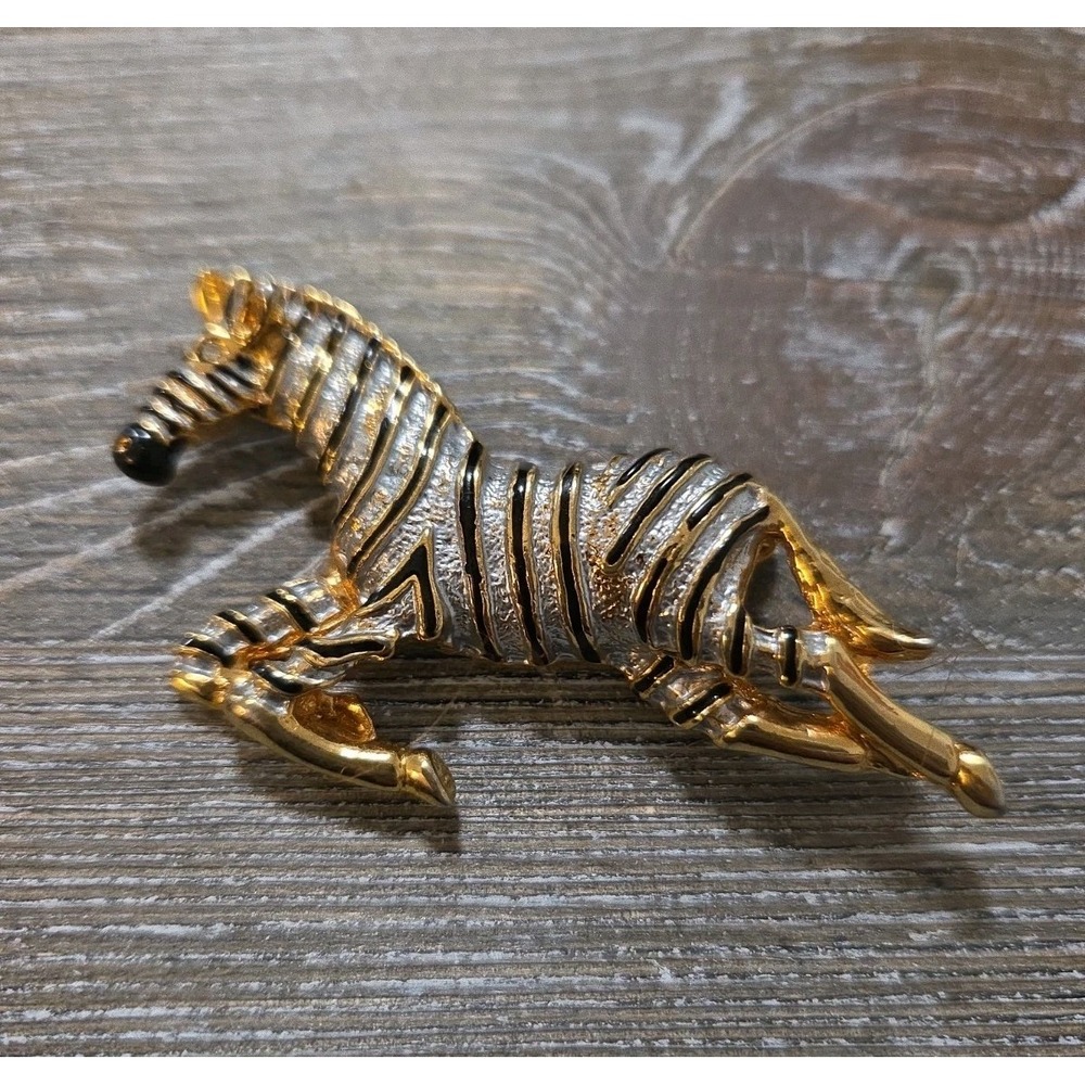 Zebra Brooch Gold Tone Textured 2.5in